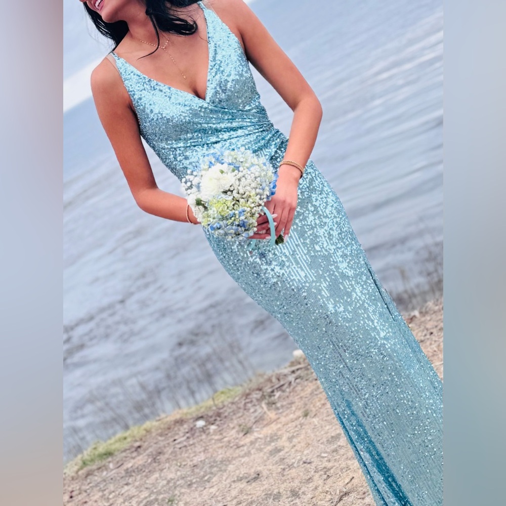 Dress the Population Blue Sequin Slit Gown
